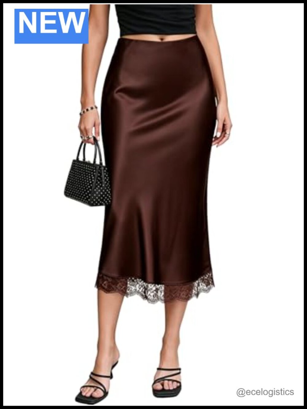 Satin Lace Hem Midi Skirt High Waist A-Line Flared Casual